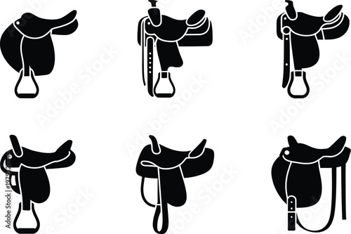 Six Black Silhouette Western Horse Saddles With Stirrups On White western saddle cowboy saddle