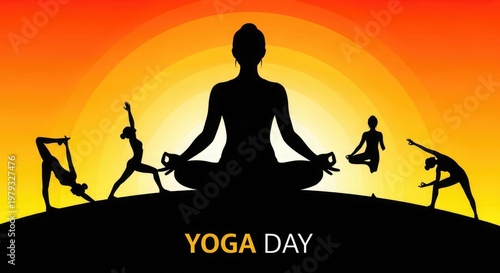 International yoga day illustration silhouettes in dynamic poses