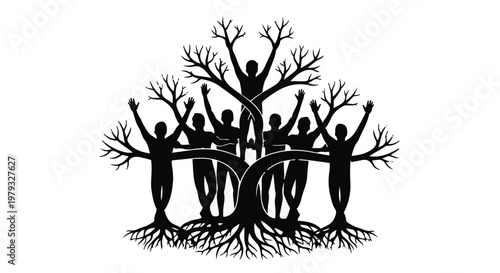 Diverse group of people forming a vibrant tree of life, celebrating unity and growth