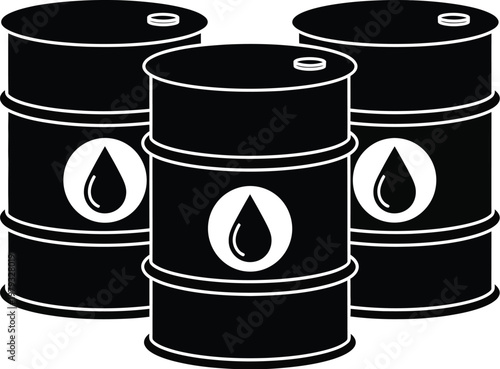 Oil barrels display a collection of industrial containers with fluid drop symbols rendered in a stark black and white aesthetic.