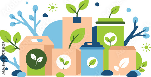 Eco-Friendly Packaging: Eco-friendly packaging design featuring recyclable containers and cups, showcasing the concept of environmental conservation and sustainable living.