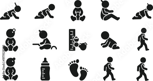 Baby development stages icon set from crawling to first steps