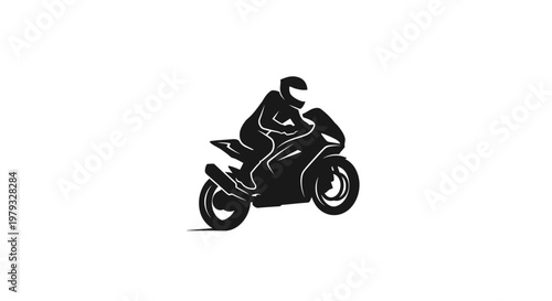 Silhouette illustration of a motorcycle racer, speeding against a stark white backdrop