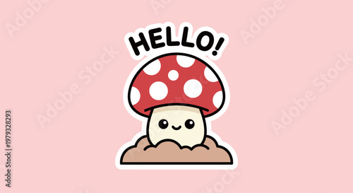 Adorable cartoon mushroom character with red spotted cap saying hello emerging from the soil in kawaii style for kids and nature design