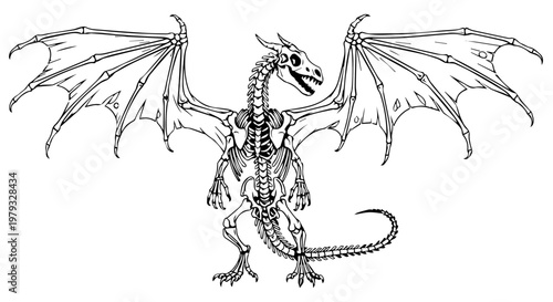 Intricate dragon skeleton illustration featuring skeletal wings and a long tail in monochrome line art.