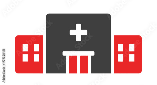 Stylized hospital graphic with red and black design on a white background, simplistic icon