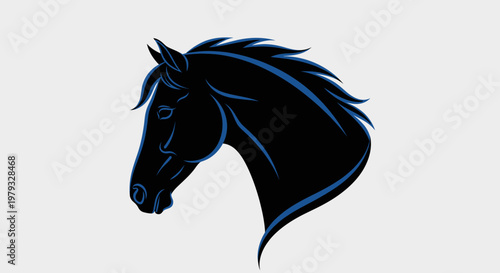 Stylized graphic illustration of a majestic black horse head with a blue outline design