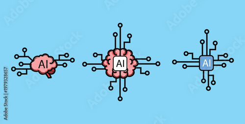 AI Brain And Chip Icons Concept Illustration Showing Neural Network, Machine Learning, And Technology Connections