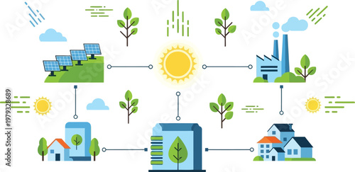 Solar Power Illustration: An illustration showcasing the journey of solar power from the sun to various consumers, with focus on sustainable energy and environmental consciousness.