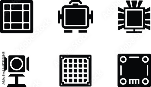 Six Black Icons of Lighting Equipment and Grids square