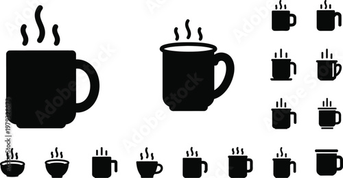 Black and white coffee cup icons various sizes and steam levels