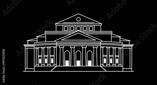 Classic Neoclassical Government Building Outline on Black