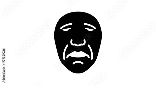 Black Sad Face Emoji Icon with Drooping Eyes and Mouth