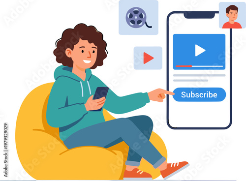 A young woman sits on a bean bag chair watching a video on her phone and pointing at a large smartphone screen.