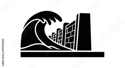 Black and White Icon of Tsunami Wave and City Skyline
