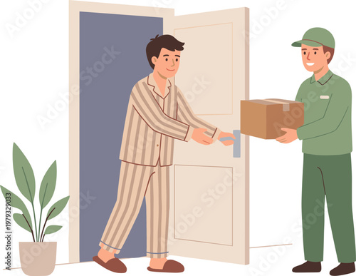 Man receives package from delivery man at doorway in pajamas