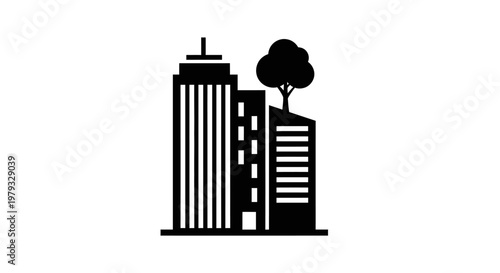 Black and White Icon of Modern Urban Buildings with Tree