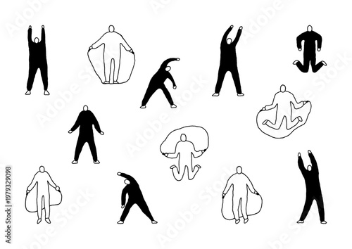ストレッチや縄跳びで体を動かしている人物の手描きイラストセット