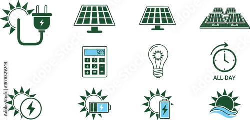 Solar Energy Icons: Collection of illustrative icons represents renewable and sustainable energy solutions, highlighting the power of the sun and eco-friendly technologies.