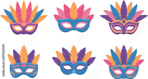 Carnival feather mask collection set, colorful masquerade party icons for Mardi Gras or festival celebration vector illustration