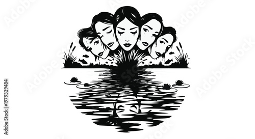 Group of diverse women contemplating in a reflective, dreamlike environment.