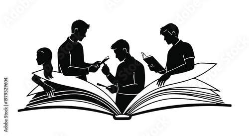 Diverse group of people engaged in learning and reading from an open book symbolizing knowledge and education.