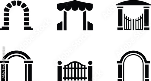 Six black silhouette icons of gates and arches on white background doorway entrance
