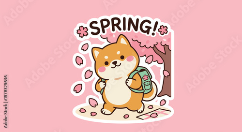 Happy shiba inu dog character with backpack walking under cherry blossom trees with falling petals in cute anime style for spring season