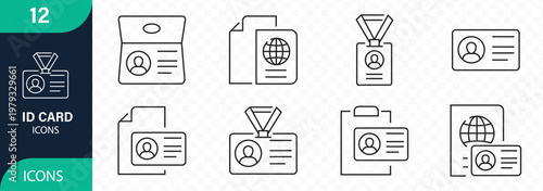 ID card related vector linear icons set. Contains such icons as verification  identity  document  ID card  passport  scan and more.