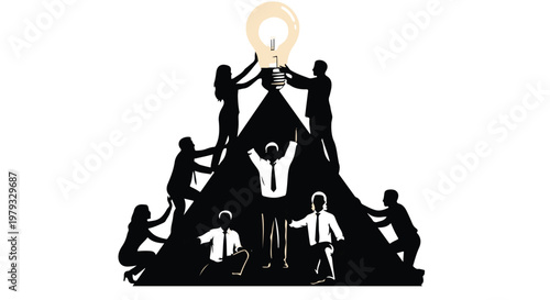 Diverse team collaborates to reach a bright idea, symbolizing unity and innovation.