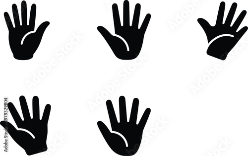 Six Black Silhouette Icons of Open Hands Showing Five Fingers palm