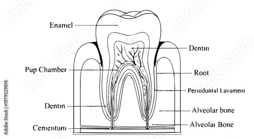 Detailed diagram of a human tooth anatomy showing enamel, dentin, pulp chamber, root structure, and surrounding alveolar bone.