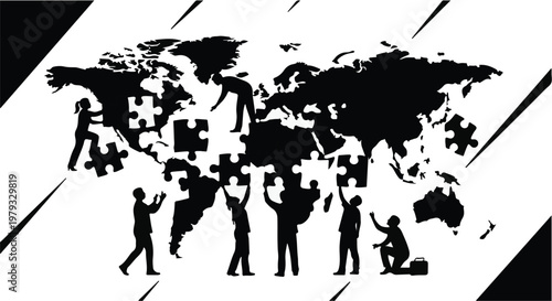 Diverse team collaborates to assemble world map puzzle, symbolizing global connection and problem-solving.
