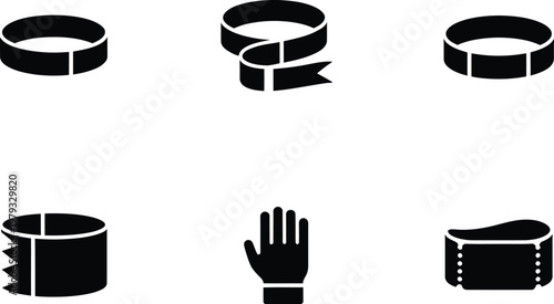 Six black silhouette icons of measuring tools and glove on white background measuring tape