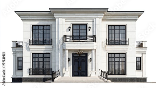 Ornate white mansion with grand entrance, pillars, balconies, and large windows