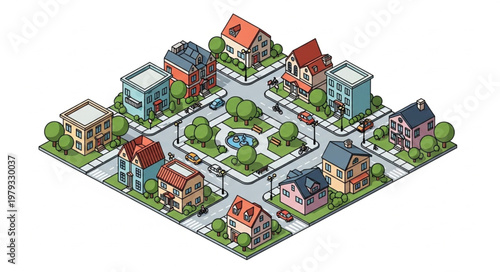 Colorful Suburban Neighborhood Street.