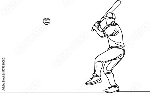 Baseball batsman one line. Continous one line basball boy. Boy playing baseball single line art. Baseball bat. Vector illustration with editable stroke. 
