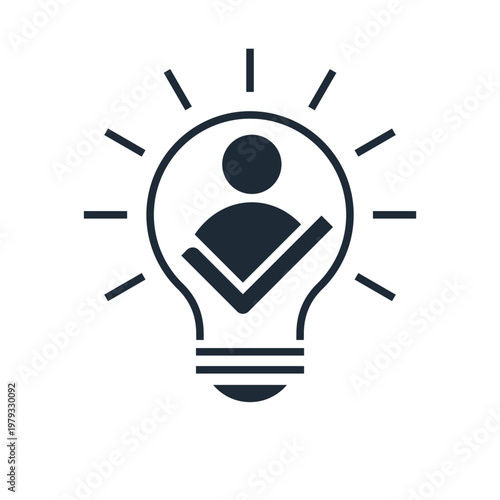 The light of an idea, inspiration, and the silhouette of a person with a check mark. Creative solution, success. Vector linear icon illustration isolated on white background.