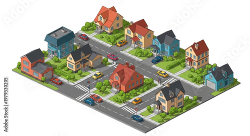 Colorful Suburban Neighborhood Street.