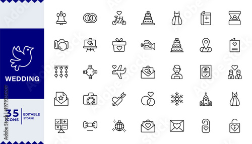 Set of Wedding line icons in linear style. Series - Wedding. Newlyweds' holiday, wedding, love. Bride, groom, lovers, wedding rings, wedding car, cake. Outline icon collection.