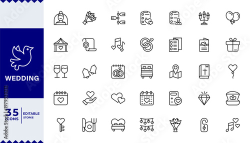 Set of Wedding line icons in linear style. Series - Wedding. Newlyweds' holiday, wedding, love. Bride, groom, lovers, wedding rings, wedding car, cake. Outline icon collection.