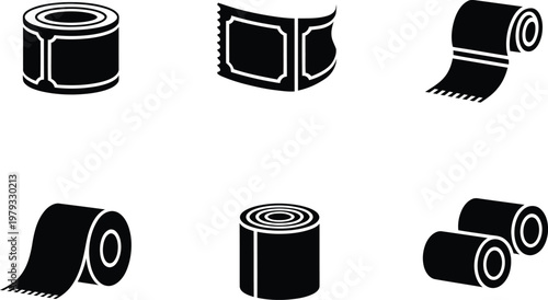 Six Black Silhouette Rolls Of Fabric And Toilet Paper On White Background textile material