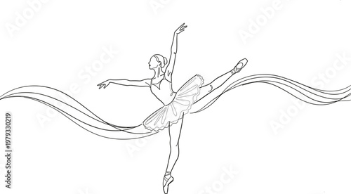Elegant continuous line art drawing of a ballerina dancer in a tutu performing a leap with decorative flowing ribbons representing grace classical dance and athletic beauty.