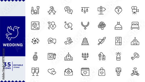 Set of Wedding line icons in linear style. Series - Wedding. Newlyweds' holiday, wedding, love. Bride, groom, lovers, wedding rings, wedding car, cake. Outline icon collection.