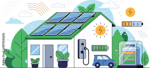Green Energy Home: A vibrant illustration showcasing a sustainable home powered by solar panels, promoting environmental responsibility and renewable energy.