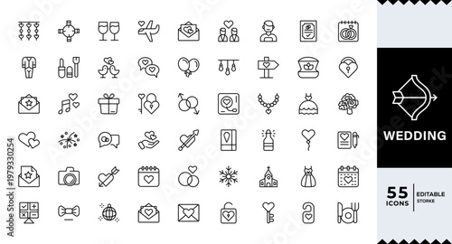 Set of Wedding line icons in linear style. Series - Wedding. Newlyweds' holiday, wedding, love. Bride, groom, lovers, wedding rings, wedding car, cake. Outline icon collection.