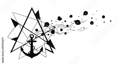 Abstract geometric design with anchor and scattered shapes evoking movement and freedom