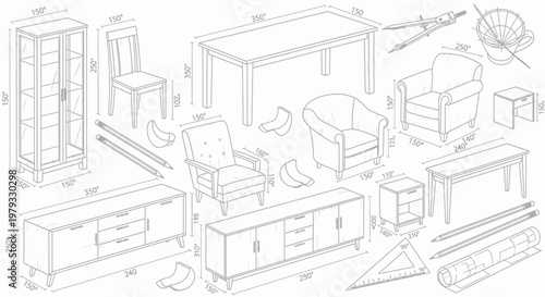 Furniture assembly diagram showing various pieces including sofa, chair, table, cabinet, and TV stand with tools