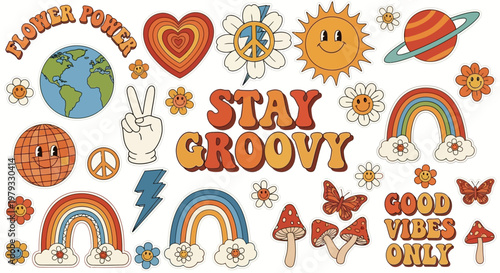 Vibrant sticker collection with groovy symbols and peace signs arranged artistically