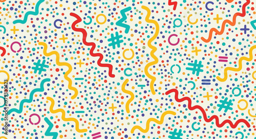 Colorful abstract pattern featuring whimsical shapes and lines on a lively background